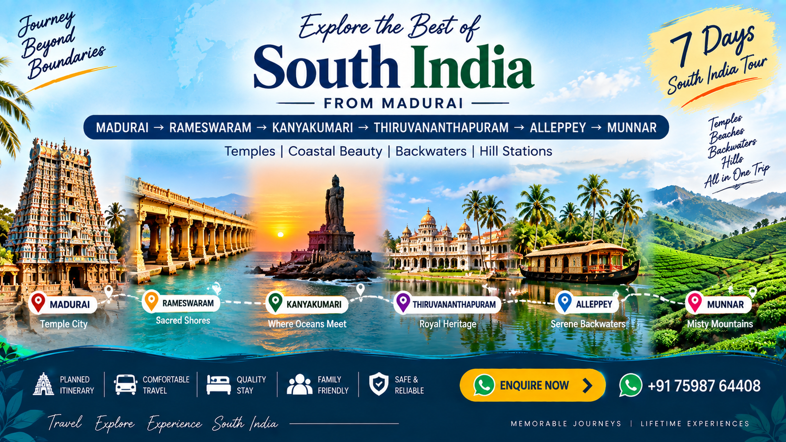 Madurai Rameswaram Kanyakumari Alleppey Munnar Tour